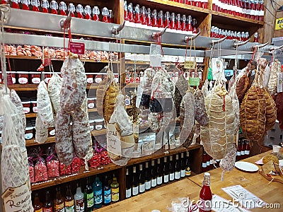 A various sorts of jambon, french ham, in a special shop in Lyon, France Editorial Stock Photo