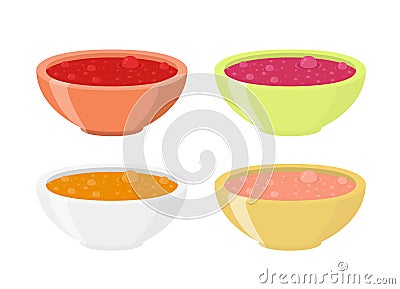 Various soups in plates, dishes. Meal, vegetables, meat. Flat style. Vector Illustration