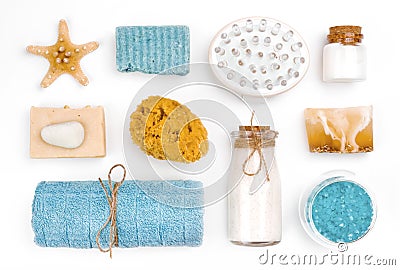 Various spa and wellness objects on white background Stock Photo