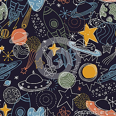 Various space elements seamless pattern. Linear graphic. Scandinavian minimalist style. Planet, spaceship, star. Vector Vector Illustration