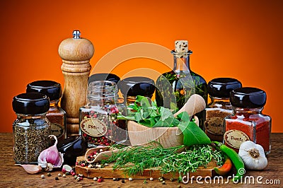 Various spices and herbs Stock Photo