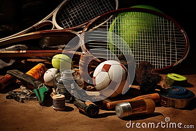 various sports equipmen basketball tennis Stock Photo