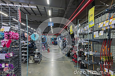Various sports goods on sale at Decathlon store of Uluberia, Howrah Editorial Stock Photo