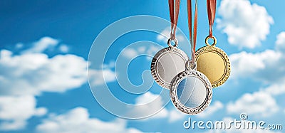 Various sports medals, gold, silver, bronze against the background of a bright blue sky, symbol of victory Stock Photo