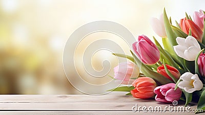 various spring flowers tulips on table with bokeh copy space Stock Photo