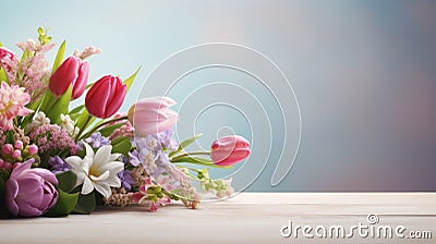 various spring flowers tulips on table with copy space Stock Photo