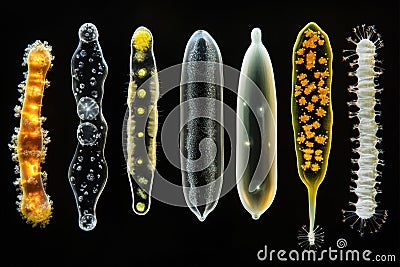 Sequence of evolving bacteria showcasing diverse shapes and structures in a scientific observation. Generative AI Stock Photo