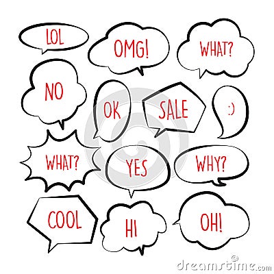 Various stickers of black line speech bubbles vector set with red text - stock vector Vector Illustration