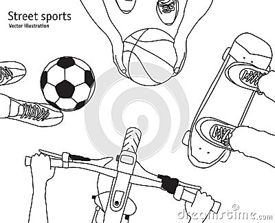 Various street sports skateboarding basketball Cycling football top view black line Vector Illustration