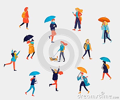 Various stylish people character go on street under umbrellas in warm clothes. Autumn rainy weather. Colored trendy Vector Illustration