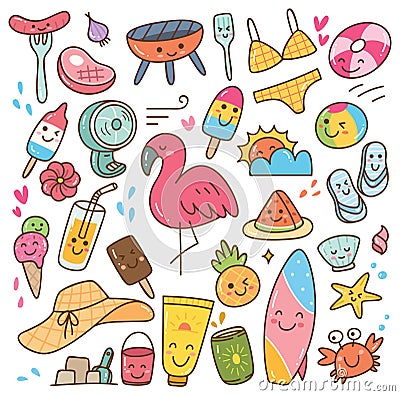 Various summer kawaii doodle set Vector Illustration