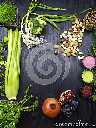 Various Super foods on a wooden background Stock Photo