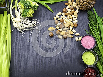 Various Super foods on a wooden background Stock Photo