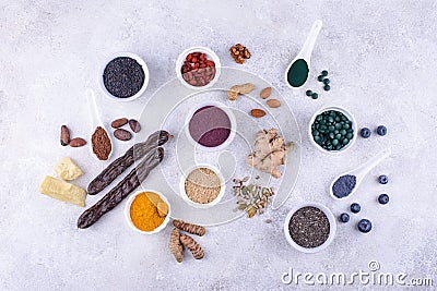 Various superfoods and healthy food supplement. Stock Photo