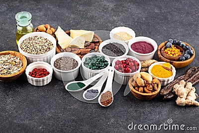 Various superfoods and healthy food supplement. Stock Photo