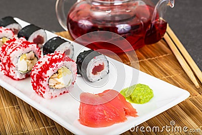 Various sushi rolls on white background Stock Photo