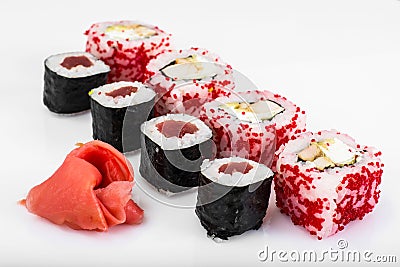 Various sushi rolls on white background Stock Photo