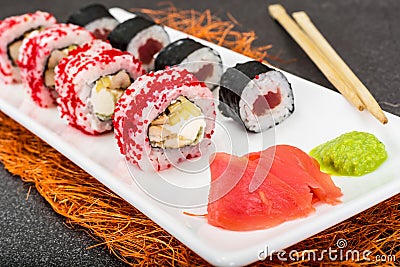 Various sushi rolls on white background Stock Photo