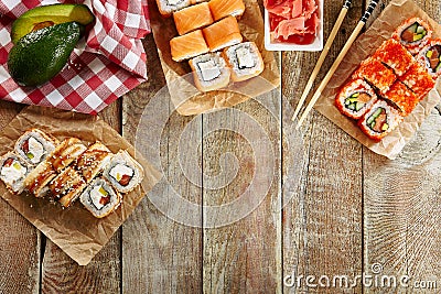 Various Sushi Set Background, Frame or Mockup Top View Stock Photo