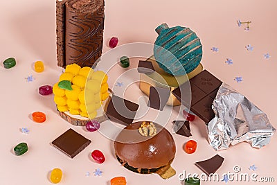 Various sweets assortment. Candy, cakes, bomb on pink background. Top view with copy space Stock Photo