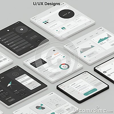 Various tablet screens displaying user interface designs feature different themes and layouts. Stock Photo