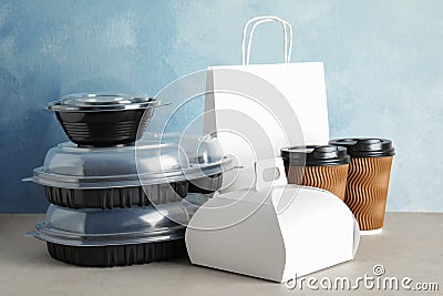 Various takeout containers on table. Food delivery Stock Photo