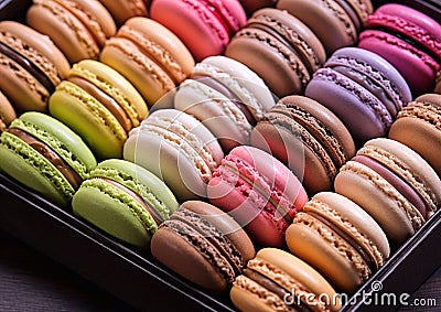 Various taste and color macarons pastry dessert in gift box.Macro.AI Generative Stock Photo