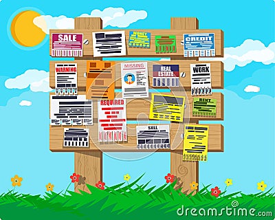 Various tear off papers ad on bulletin board Vector Illustration