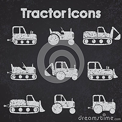 Various Tractor and Construction Machinery Icon set blackboard stylized Vector Illustration