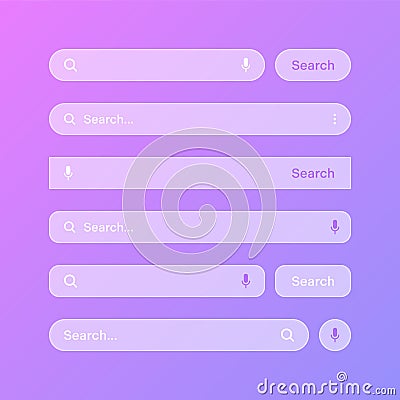 Various transparent search bar templates. Internet browser engine with search box, address bar and text field. UI design Vector Illustration