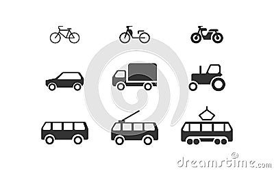 Various transportation set black icon. Car bus bike and motorcycle. Vector Vector Illustration