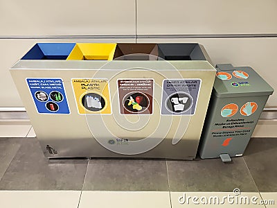 Various trash bins for differentiate sorted garbage to recycling Editorial Stock Photo