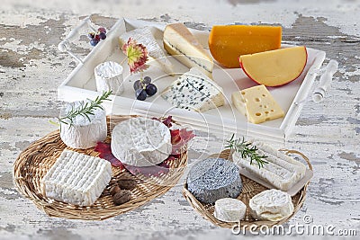 Various tray with different kinds of cheese on rustic grey wooden table background Stock Photo