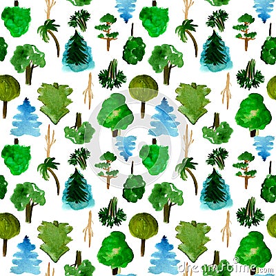 Various trees seamless pattern on white background, hand-drawn watercolor illustration of pine, fir, willow, palm Cartoon Illustration