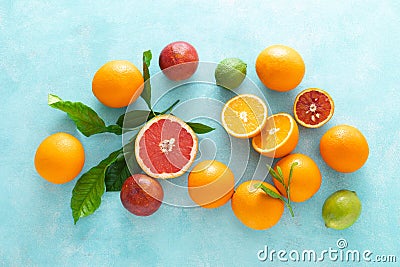 Various tropical fruits composition with leaves, flat lay blue summer background Stock Photo