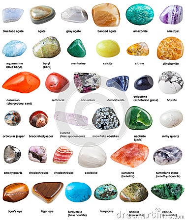 Various tumbled gemstones with names isolated Stock Photo