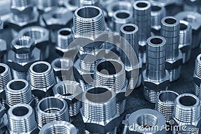 The various type of forging pipe line fitting connector in the water ,gas, hydraulic ,pneumatic industry . Stock Photo