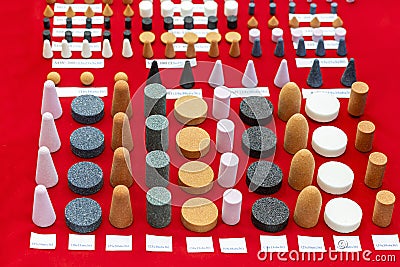 Various type and shape of small grinding sanding and polishing tool for manufacturing process in industrial Stock Photo