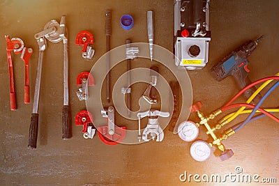 Various type of tools against for install air conditioner Stock Photo