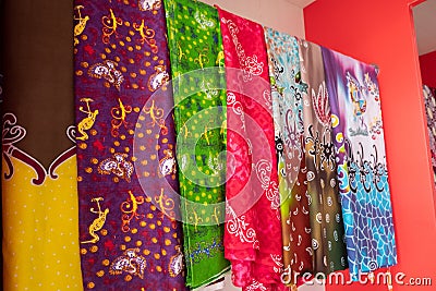 Various types of batik from Bontang, East Kalimantan, with a silver egret and mangrove motif Stock Photo