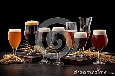 various types of beer glasses with different brews Stock Photo