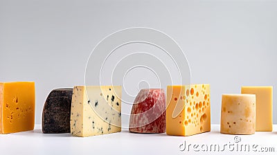 Various types of blue cheese, hard in a row. White background. AI generated. Stock Photo