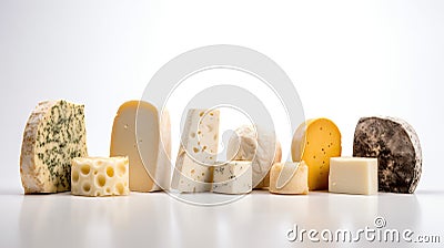 Various types of blue cheese, hard in a row. White background. AI generated. Stock Photo