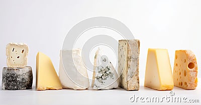 Various types of blue cheese, hard in a row. White background. AI generated. Stock Photo