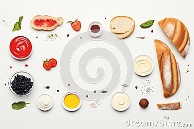 various types of bread butter and other ingredients arranged in a circle on a white background Stock Photo