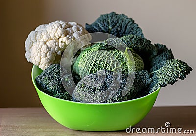 Various types of cabbages Savoy, Broccolli and Cauliflower. Stock Photo