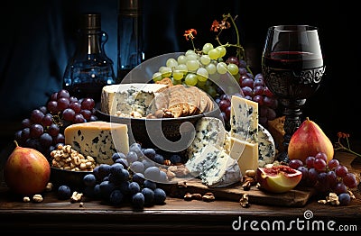 Various types of cheese, grapes and snacks on dark background Stock Photo