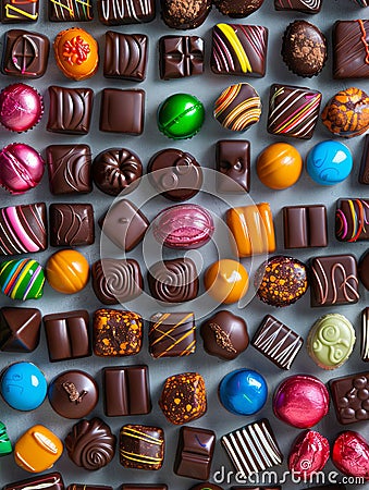 Various types of colorful chocolates in shiny wrappers spread out on a table. Generative AI Stock Photo