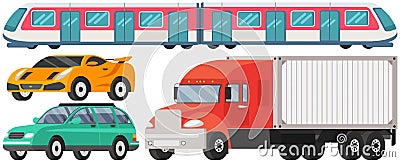 Various types of freight, passenger and public transport. Ground and underground vehicles, cars Vector Illustration