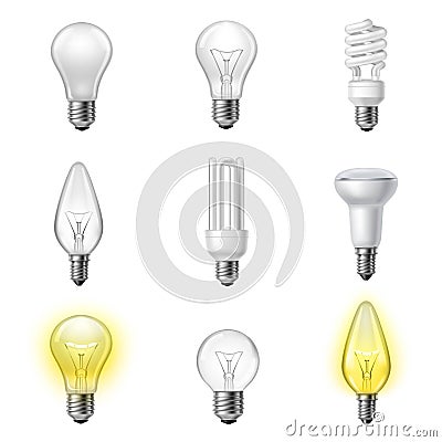 Various types realistic lightbulbs set Vector Illustration